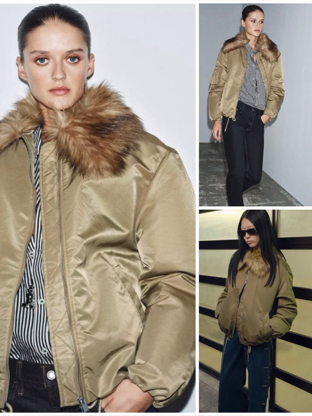 ZARA ~ ZW COLLECTION FAUX FUR COLLAR BOMBER JACKET